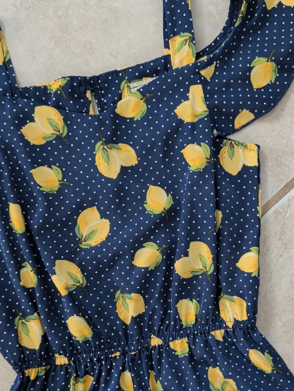 Lily Bleu Girls Size 10 Navy Blue Polka Dot Lemon Print Romper - Picture 2 of 6